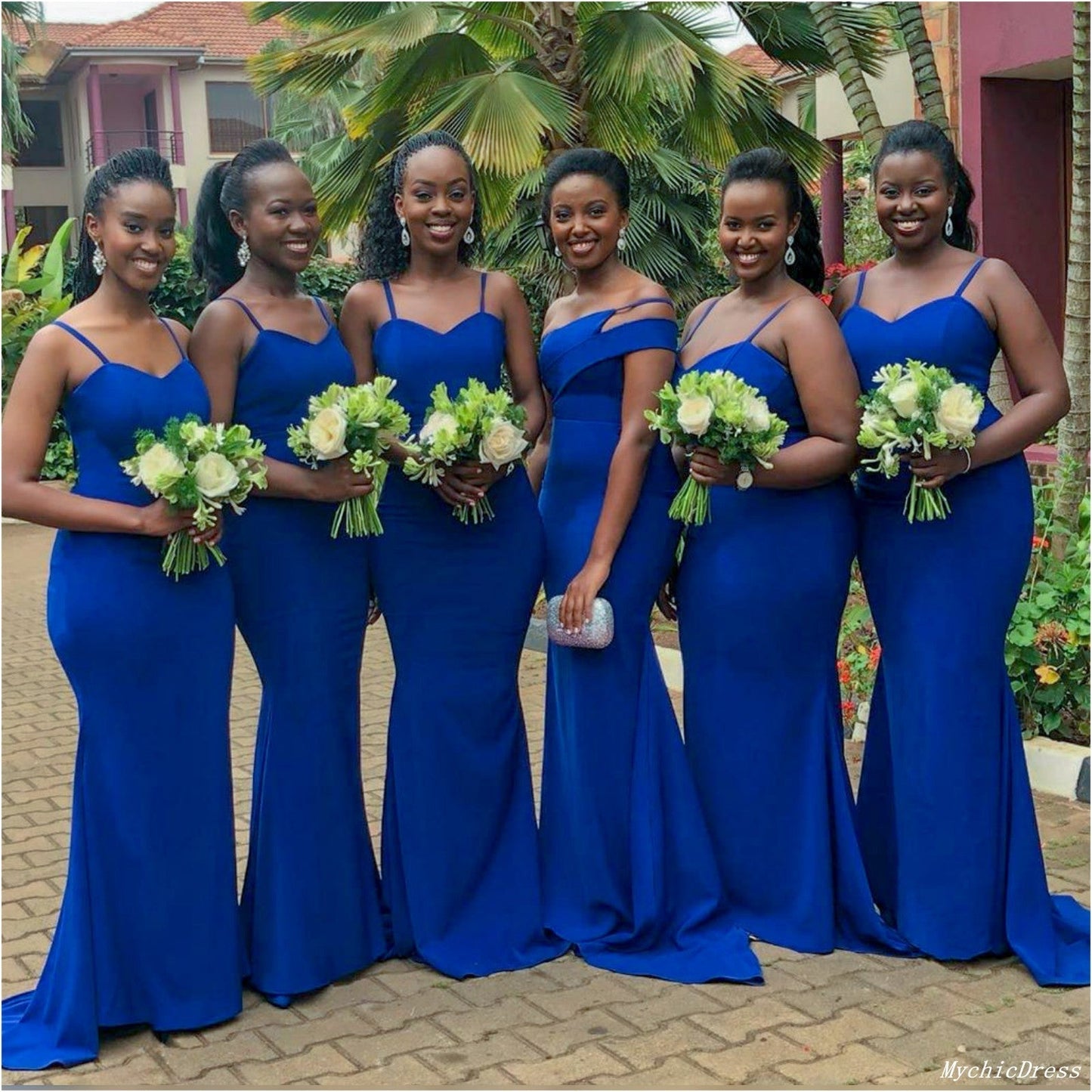 Roycebridal African Satin Blue Bridesmaid Dresses Spaghetti Straps Mermaid Wedding Guest Dress
