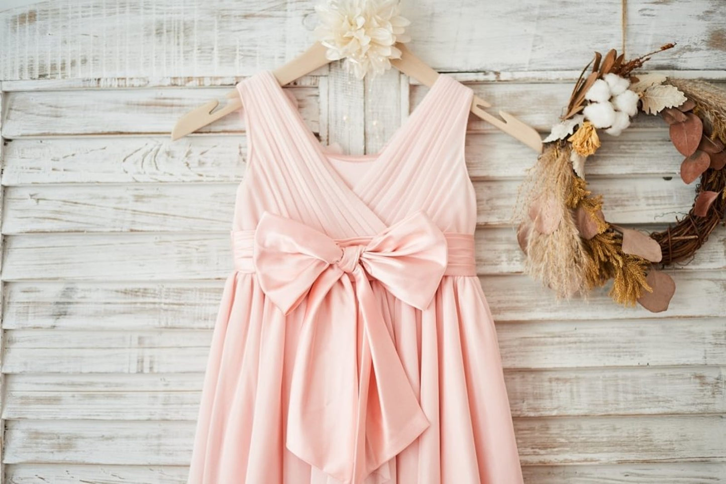 Blush Pink Tulle V Neck Wedding Flower Girl Dress with
