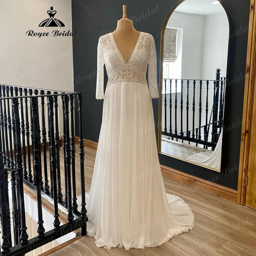 Robe de mariée bohème d'été à manches trois-quarts et col en V avec corsage en dentelle pour femme, modèle 2024