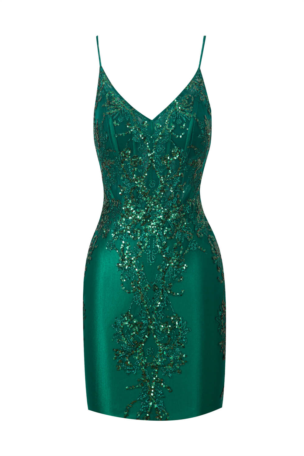 Brooklyn | Robe fourreau courte en satin à col en V et appliqués