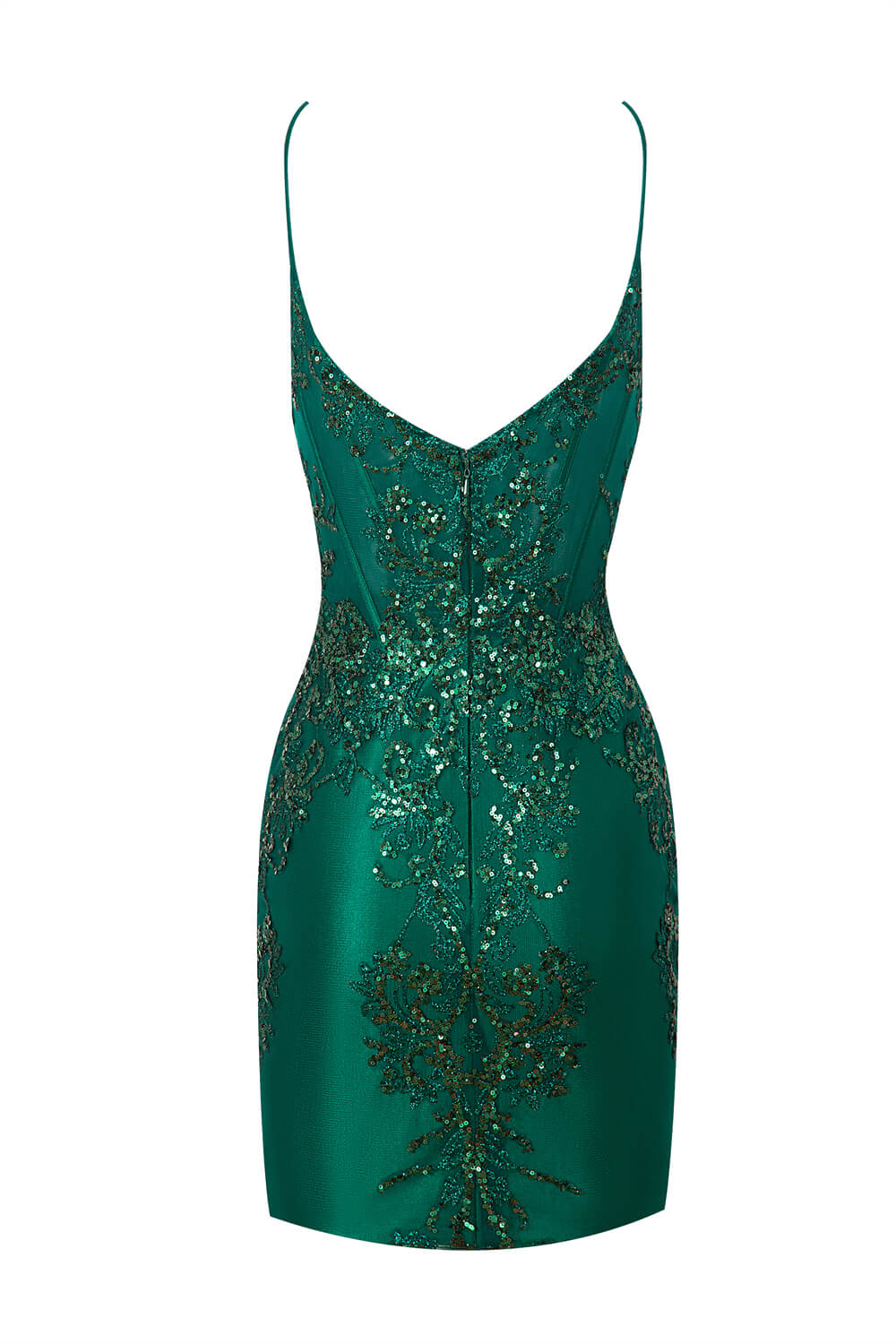 Brooklyn | Robe fourreau courte en satin à col en V et appliqués