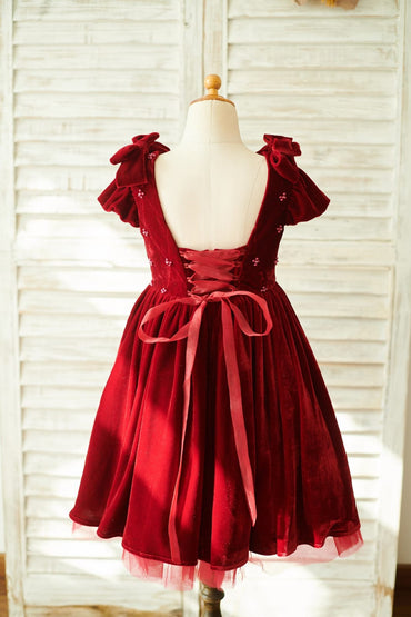 Burgundy Velvet Corset Back Cap Sleeves Wedding Flower Girl