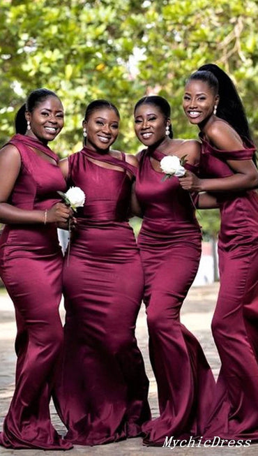 Afrikanische Burgund Brautjungfernkleider Eine Schulter Meerjungfrau Langes Partykleid