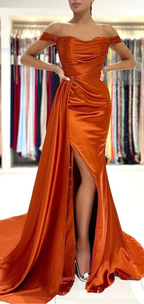 Robe de demoiselle d'honneur sirène orange brûlé à épaules dénudées