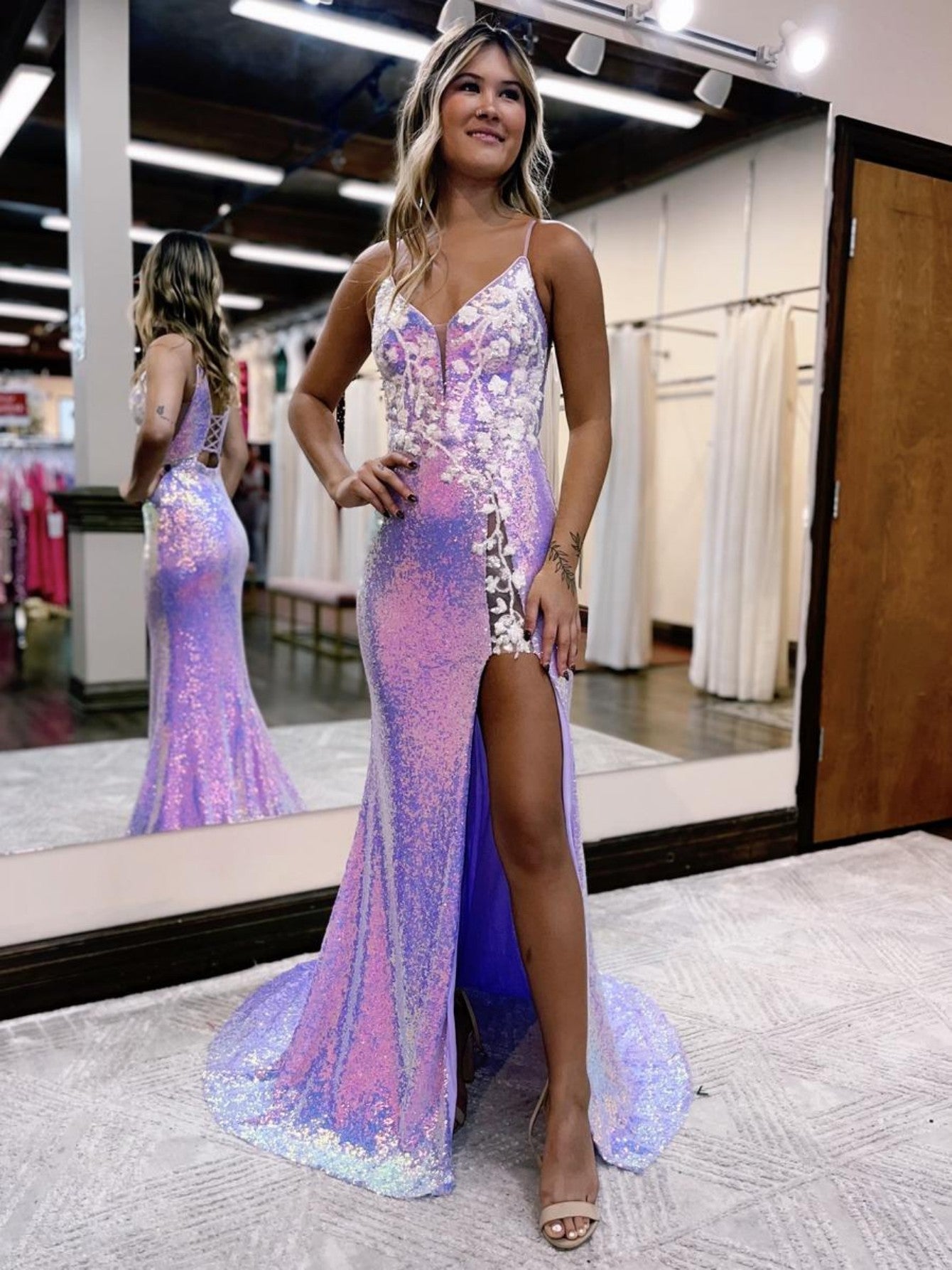 Roycebridal Purple Glitter Floral Long Prom Dress with Slit