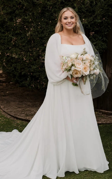 Ivory Plus Size Long Sleeve Chiffon A-Line Wedding Dress Custom Made Customized