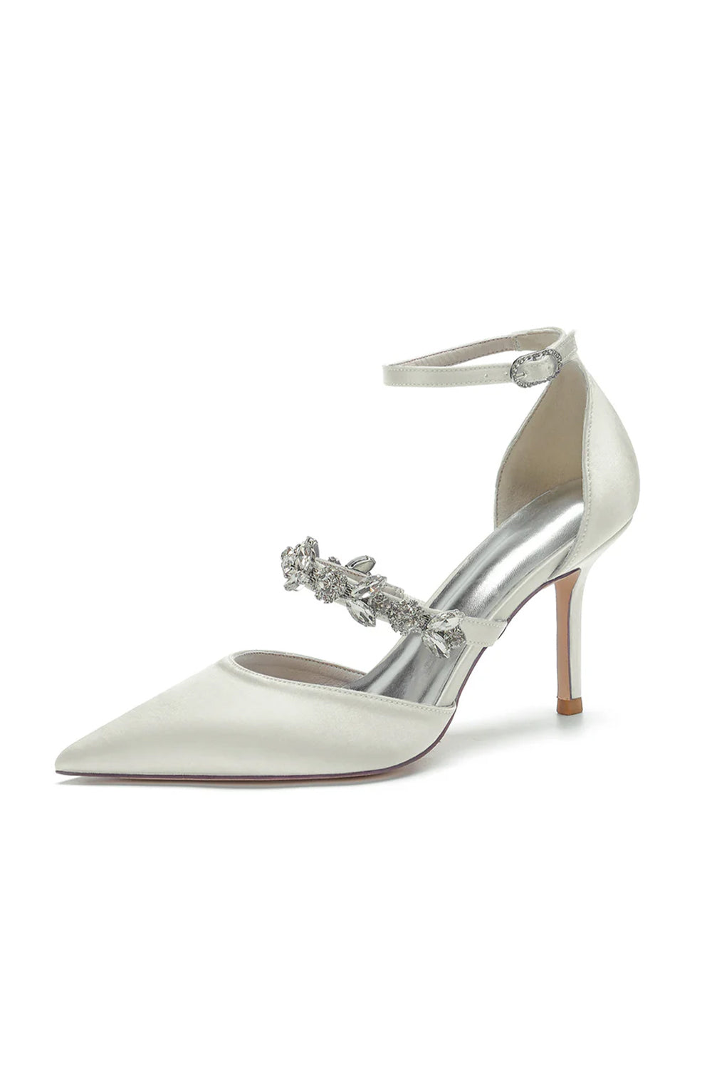 Satin-High Heels mit spitzer Zehenpartie und Kristallriemen