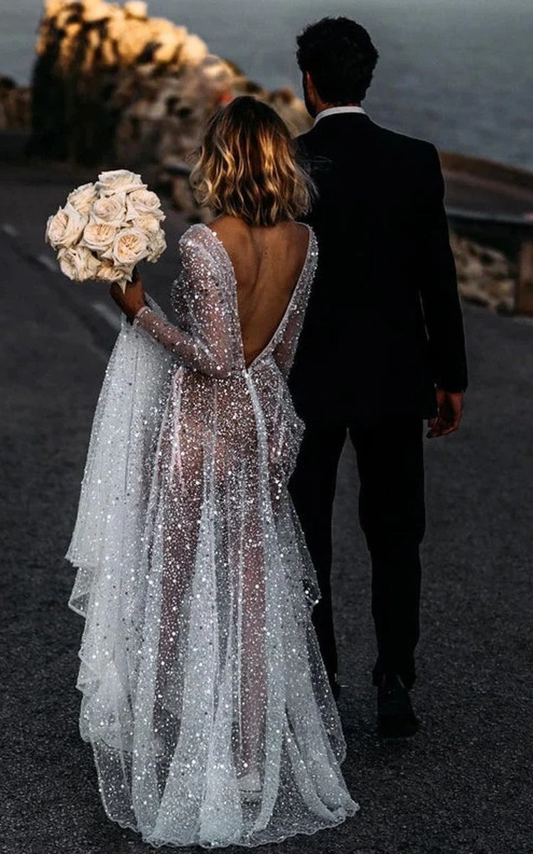 Sparkly Beach V Neck Long Sleeve A-Line Wedding Dress Custom Made