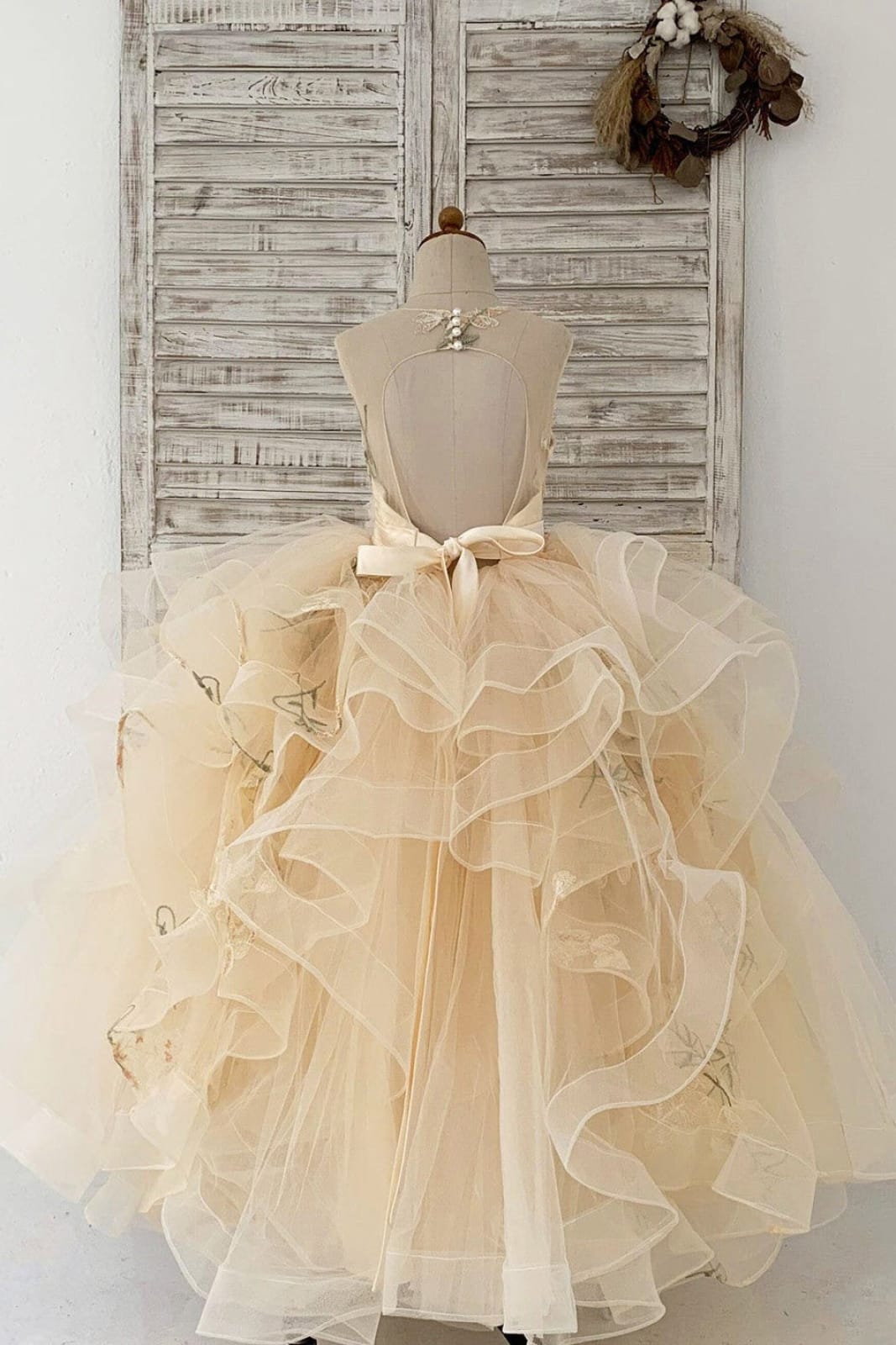 Champagne Embroidery Lace Tulle Keyhole Back Wedding Flower