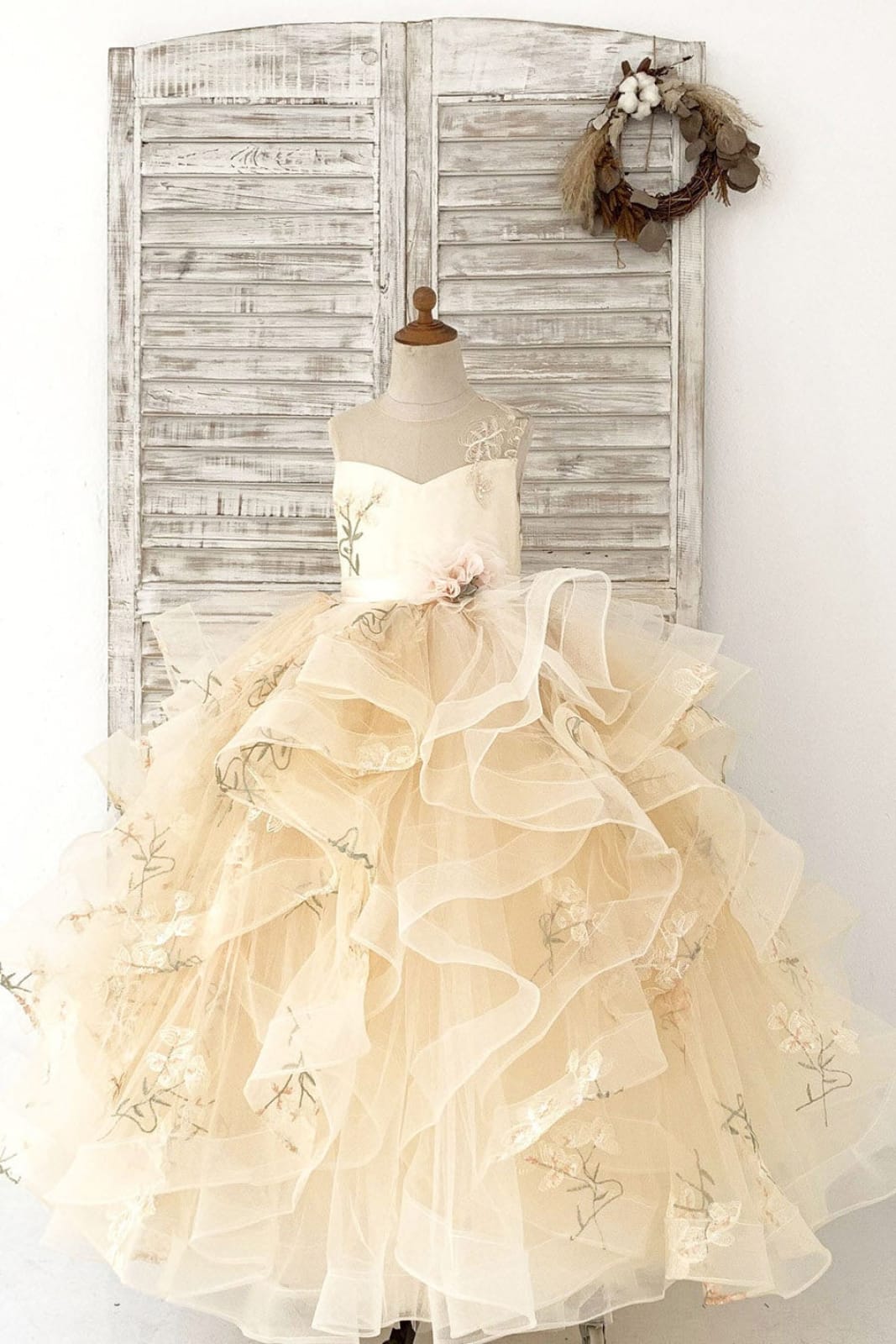 Champagne Embroidery Lace Tulle Keyhole Back Wedding Flower