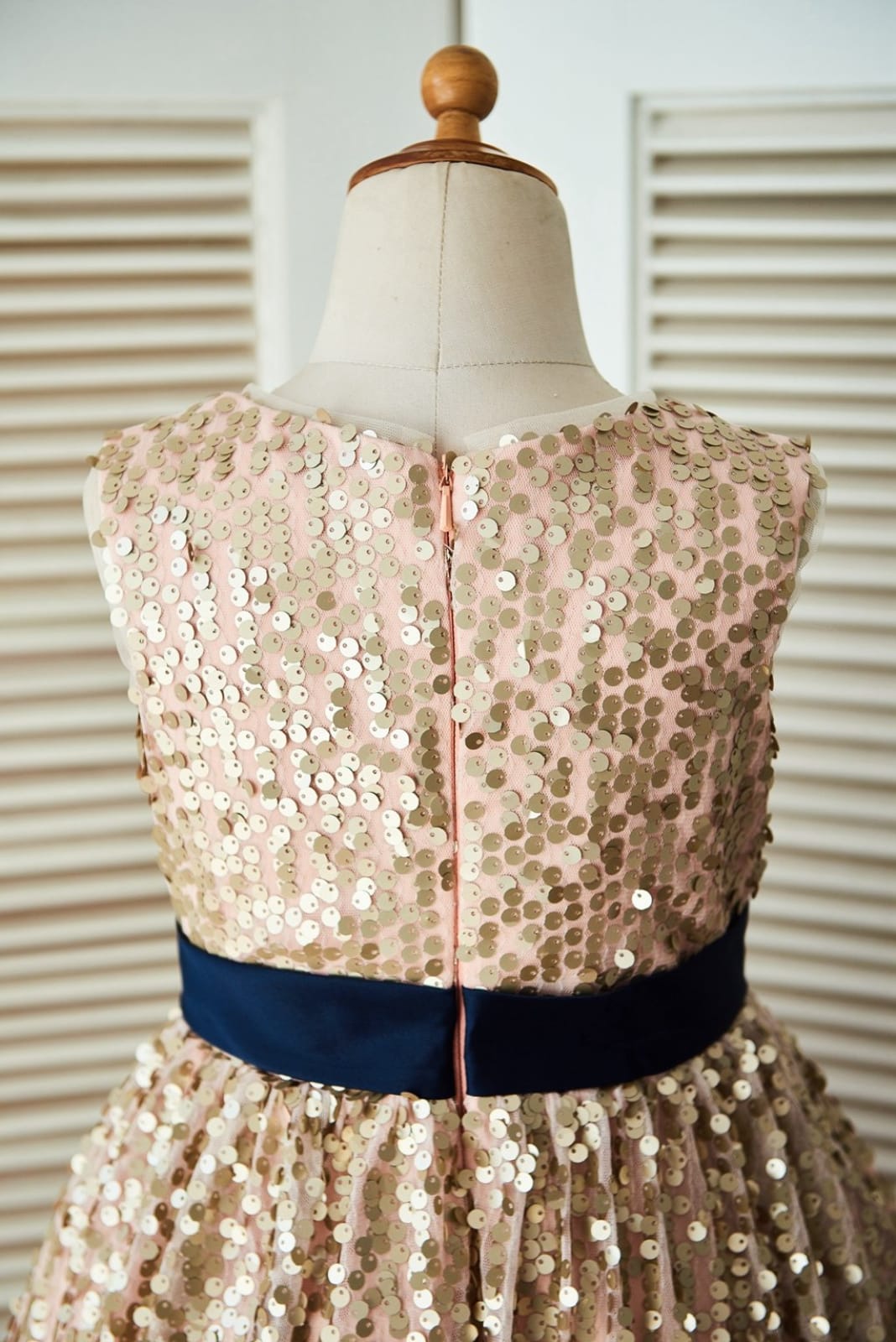 Champagne Gold Sequin Wedding Flower Girl Dress with Navy