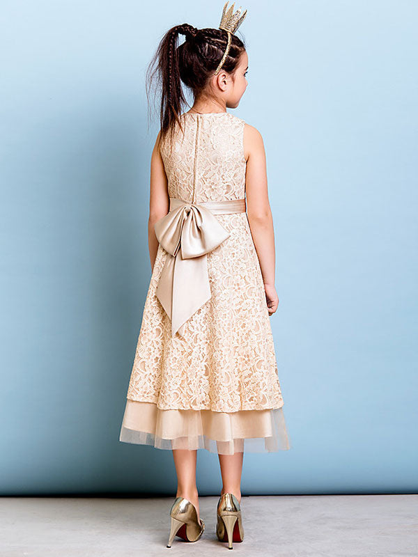 Champagne Golden Jewel Neck Sleeveless A-line Lace Kids Party Dresses-showprettydress