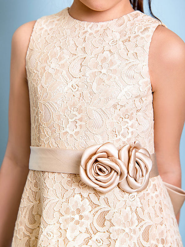Champagne Golden Jewel Neck Sleeveless A-line Lace Kids Party Dresses-showprettydress