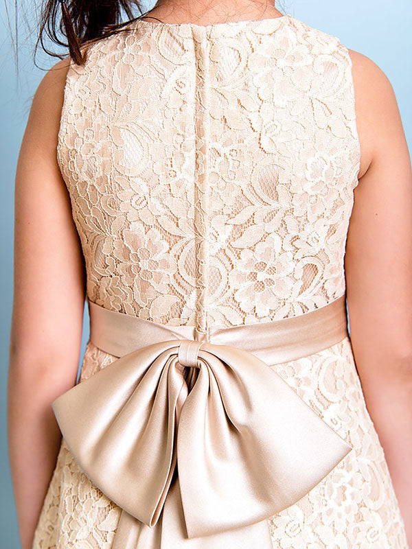 Champagne Golden Jewel Neck Sleeveless A-line Lace Kids Party Dresses-showprettydress
