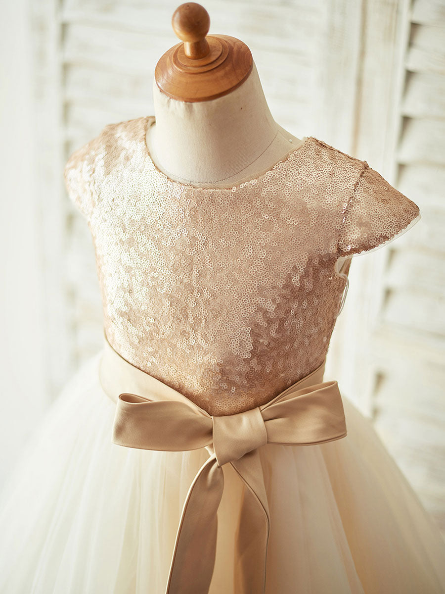 Champagne Jewel Neck Short Sleeves Sash Kids Party Dresses-showprettydress
