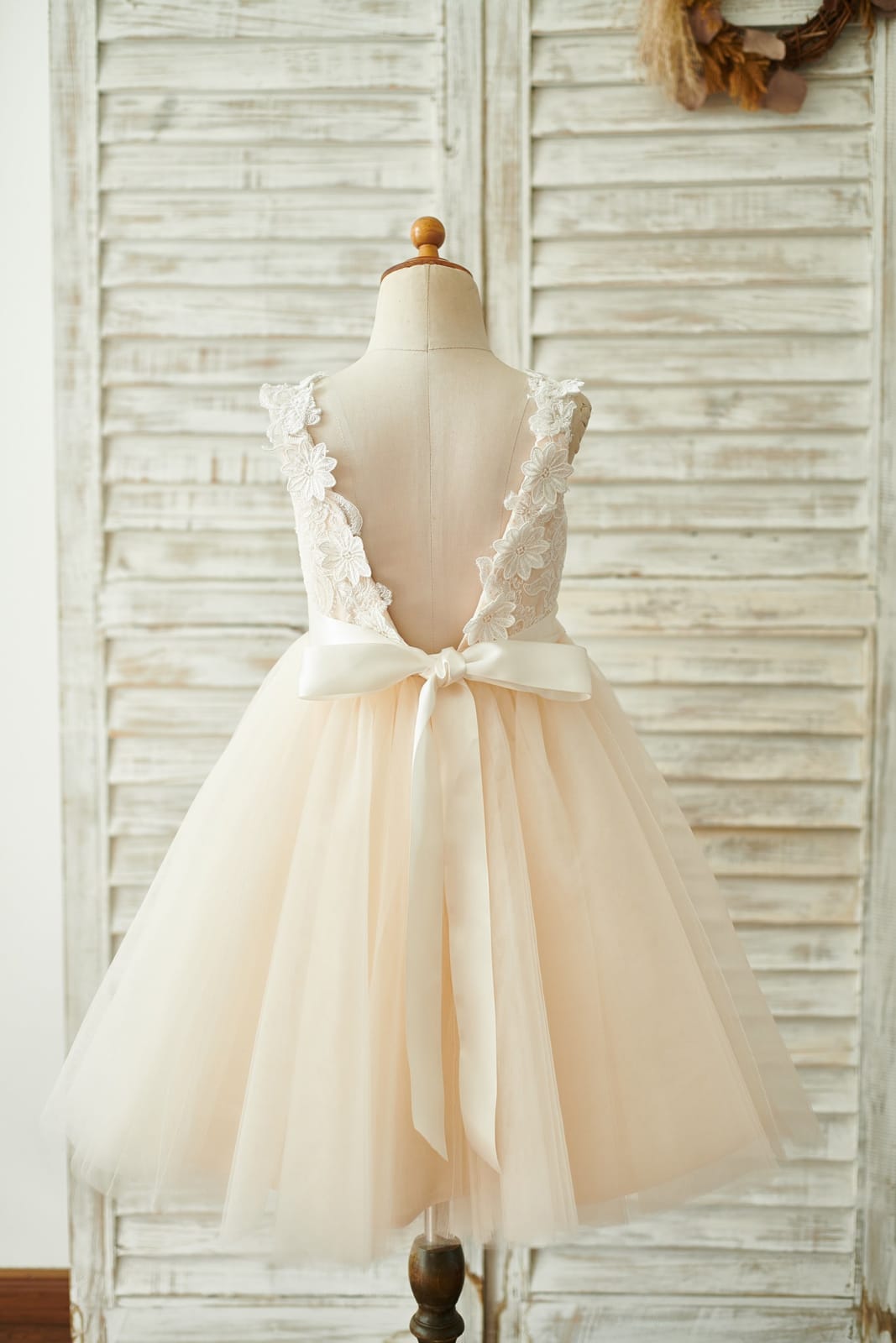 Champagne Lace Tulle Deep V Back Wedding Party Flower Girl