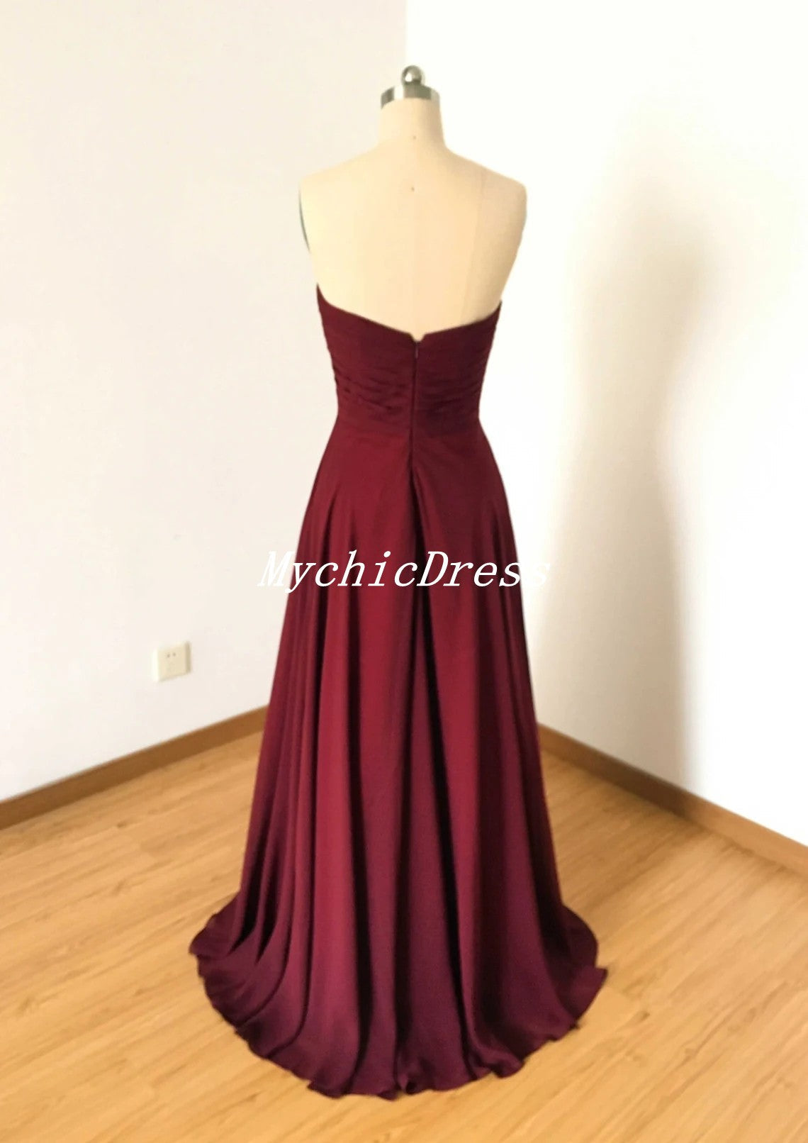 Sweetheart Burgundy Bridesmaid Dresses Chiffon Long Wedding Guest Dress
