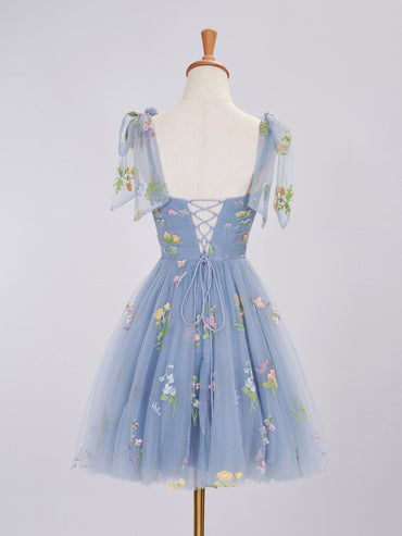 Claire | Aline Robe de soirée courte en tulle à fleurs et décolleté en cœur
