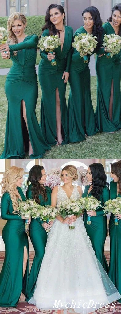 Robe de demoiselle d'honneur vert émeraude à manches longues et col en V pour invitée de mariage d'automne Roycebridal