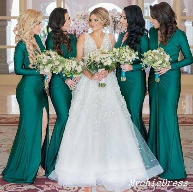 Robe de demoiselle d'honneur vert émeraude à manches longues et col en V pour invitée de mariage d'automne Roycebridal