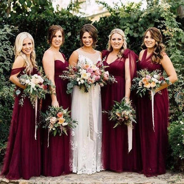 Robe de demoiselle d'honneur convertible bordeaux en mousseline de soie et tulle