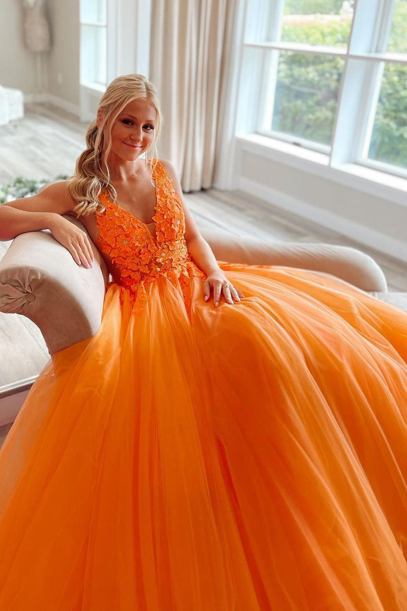 Roycebridal Marigold | Langes A-Linien-Ballkleid aus Tüll mit V-Ausschnitt und Applikationen