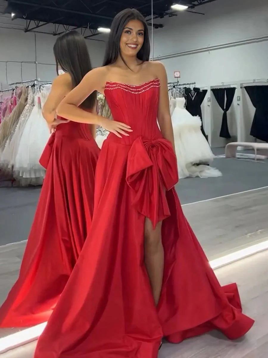 Red Strapless Corset Bow Satin Long A Line Prom Dress