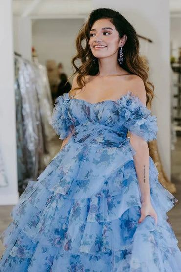 Blue Floral Tiered Ruffles Long A Line Prom Dress