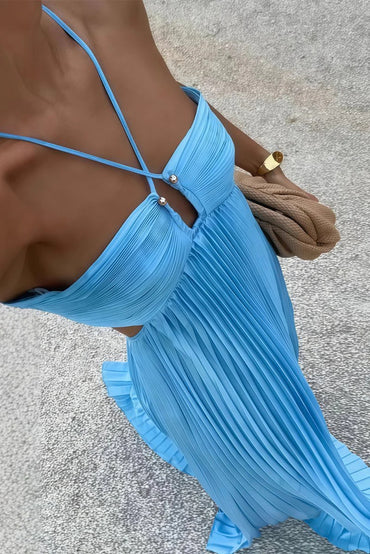 Blue Halter Pleated With Cutout Satin A Line Prom Dress