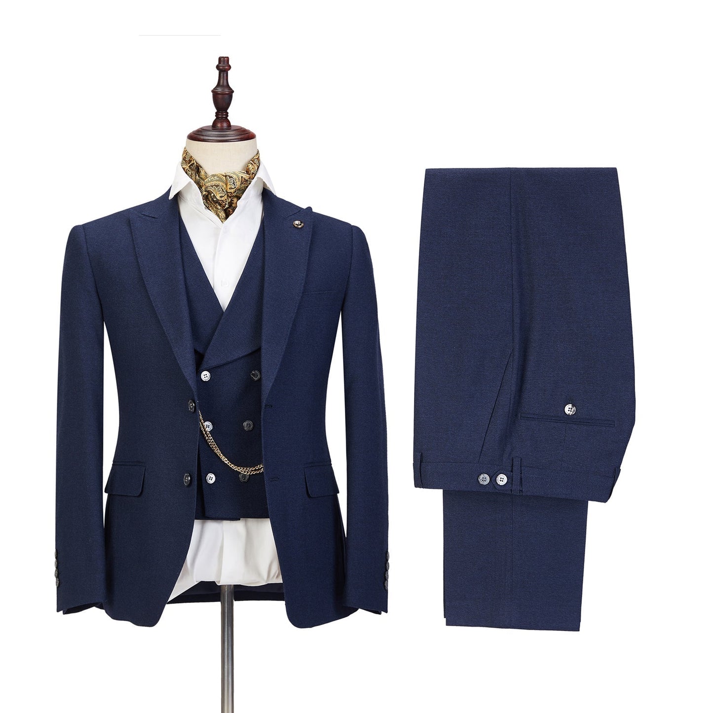 Dark Blue Three-piece Fashion Peaked Lapel Wedding Men Suits Sale-showprettydress
