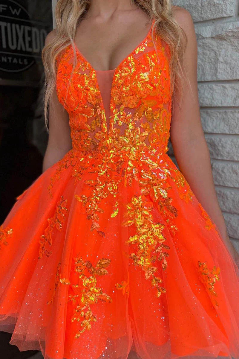 Davina | Kurzes Homecoming-Kleid mit tiefem Ausschnitt und V-Ausschnitt in A-Linie