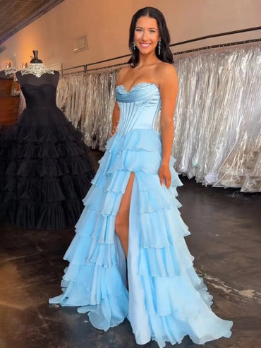 Split Strapless Ruffle Long A Line Prom Dress