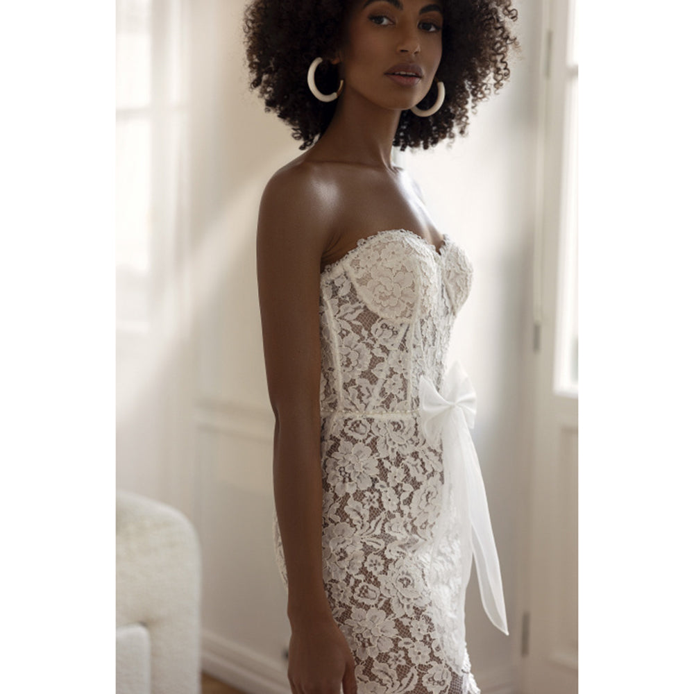 Boho Sweetheart Neck Removable Long Sleeves Bow Belt Full Lace Mermaid Wedding Dress