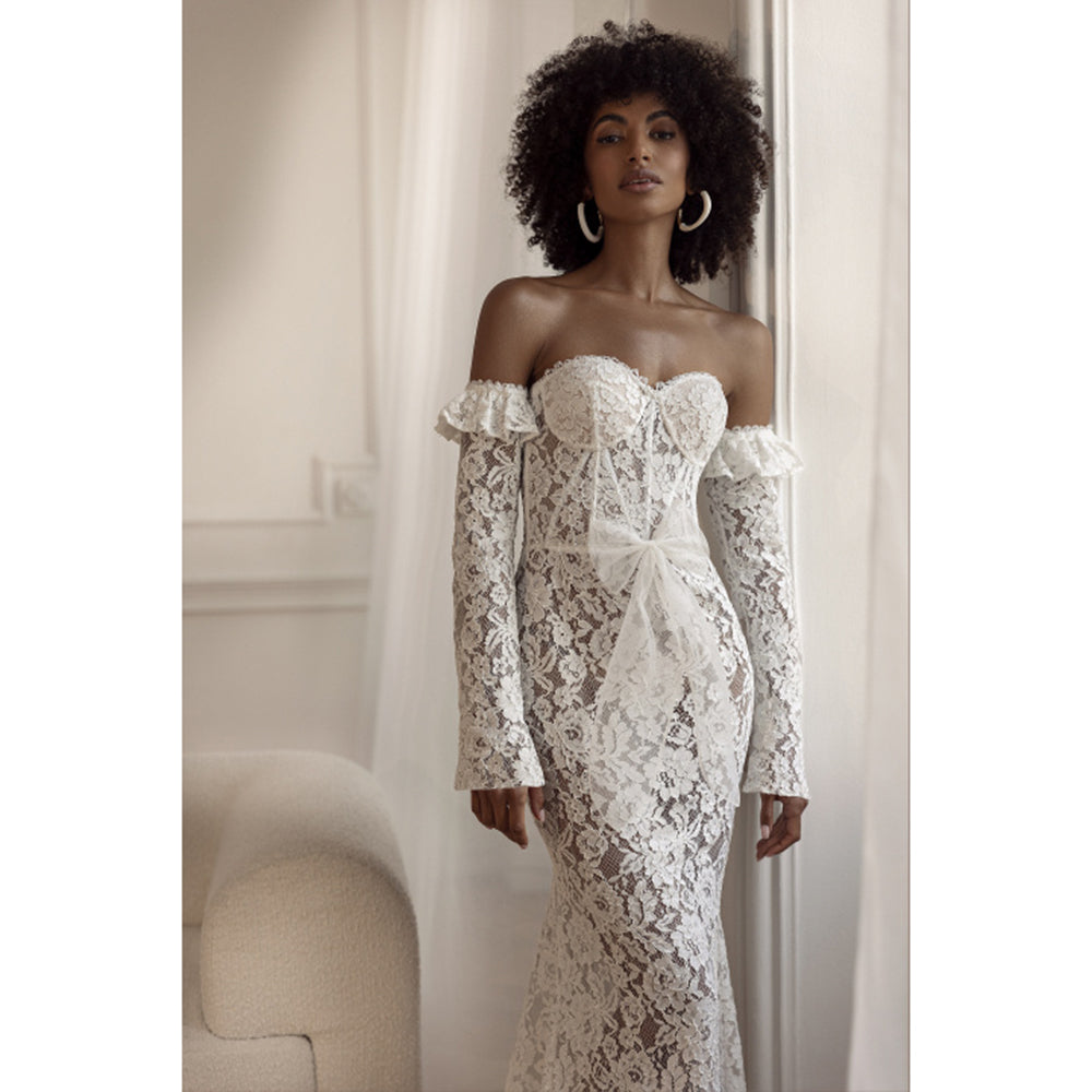 Boho Sweetheart Neck Removable Long Sleeves Bow Belt Full Lace Mermaid Wedding Dress