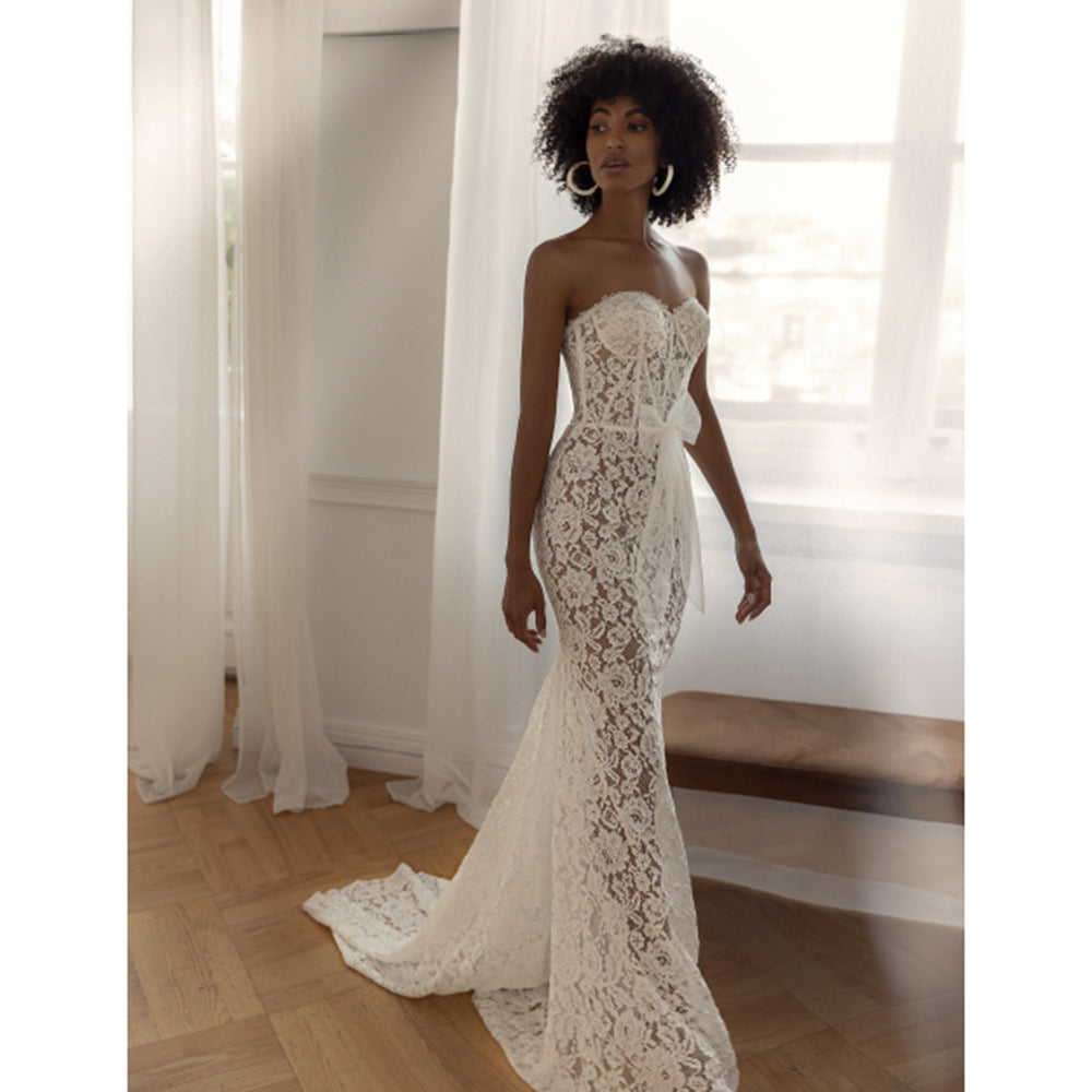 Boho Sweetheart Neck Removable Long Sleeves Bow Belt Full Lace Mermaid Wedding Dress