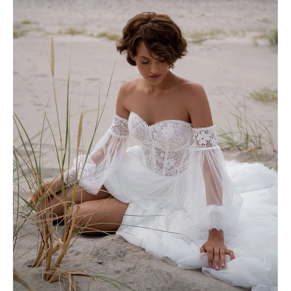 Boho Sweetheart Neck Long Puff Sleeve Lace Top A Line Wedding Dress