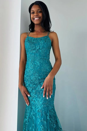 Turquoise Appliques Lace Up Trumpet Long Mermaid Prom Dress