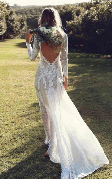 Vestido de Noiva Boho, Renda, Sem Costas, Manga Comprida, Silhueta Sereia, Feito à Medida Personalizado