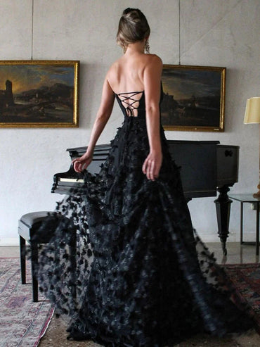 Black Slit Strapless 3D Flowers Long A Line Prom Dress