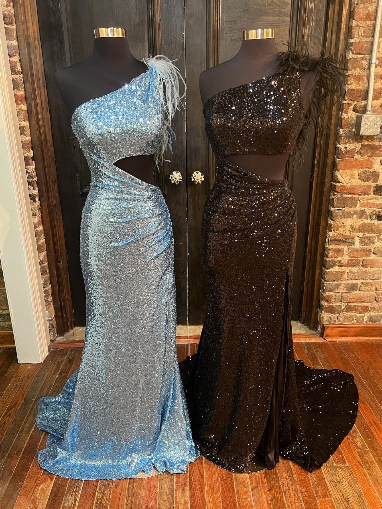 Roycebridal One Shoulder Sparkly Unique Black Mermaid Prom Dress