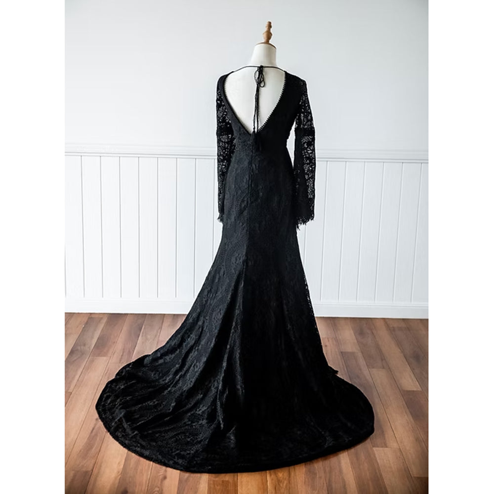 Sexy V Neck Long Flare Sleeve Open Back Full Lace Mermaid Gothic Black Wedding Dress