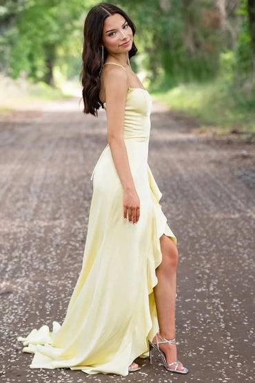 Yellow Spaghetti Straps Satin Formal Mermaid Prom Dress