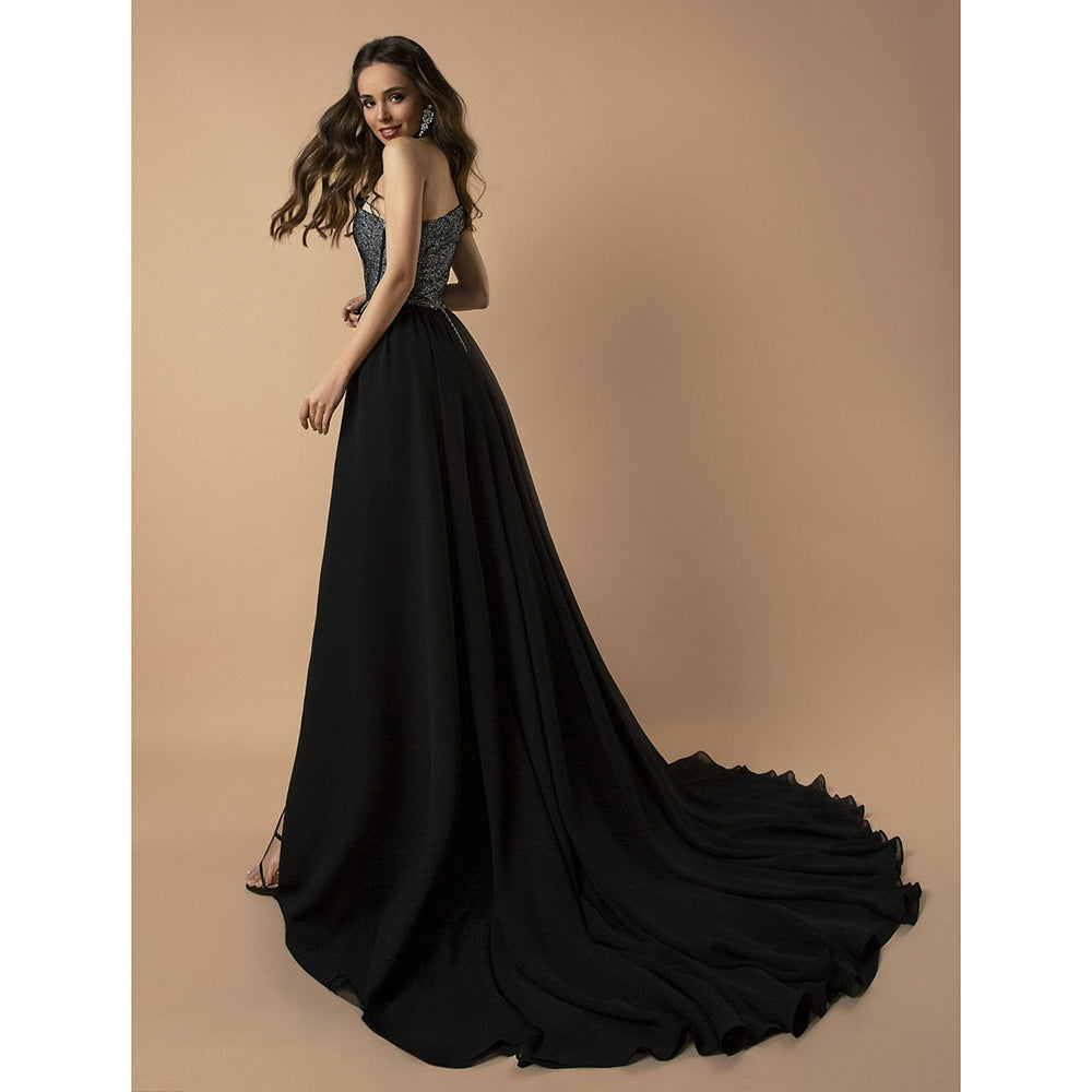 High Slit One Shoulder Sleeve Sequin Top A Line Gothic Black Wedding Dress