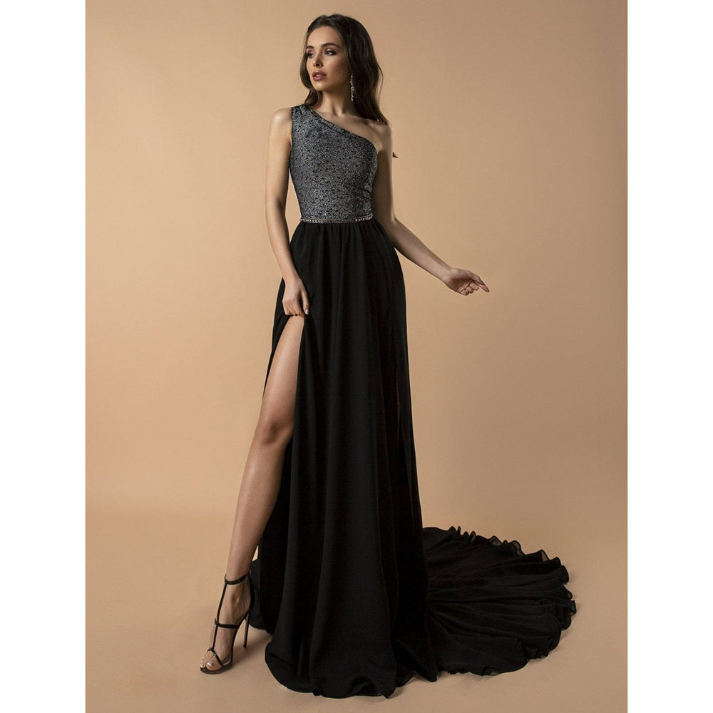 High Slit One Shoulder Sleeve Sequin Top A Line Gothic Black Wedding Dress
