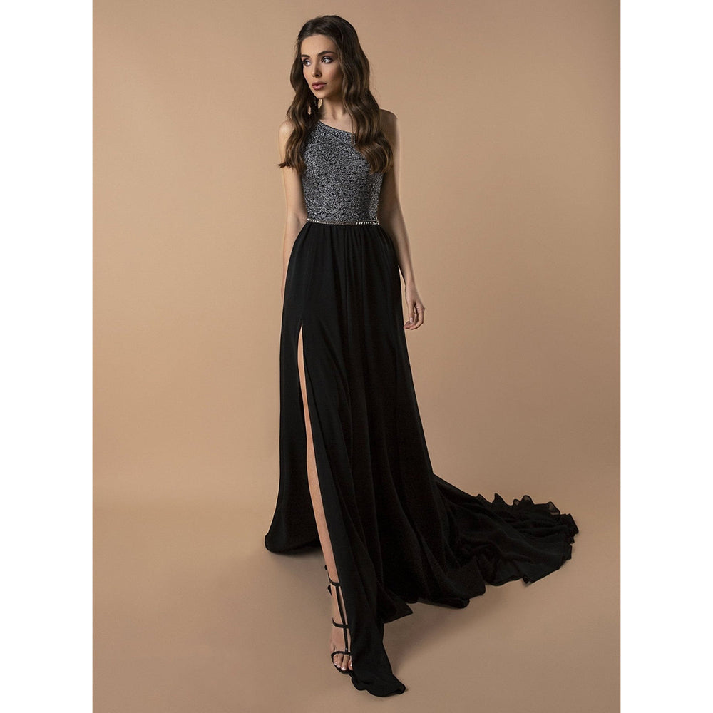 High Slit One Shoulder Sleeve Sequin Top A Line Gothic Black Wedding Dress