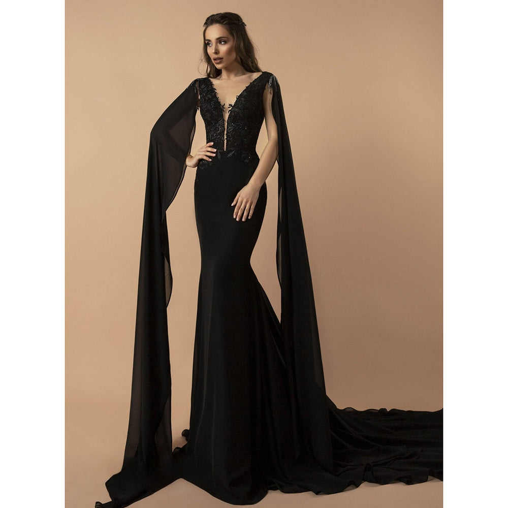 Flowing Sleeves and Plunging Neckline Embroidery Mermaid Gothic Black Wedding Dress
