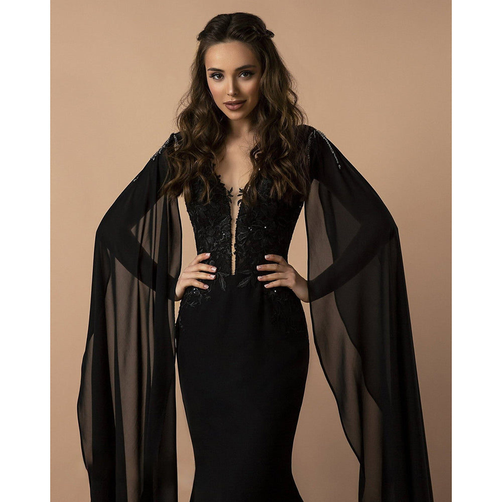 Flowing Sleeves and Plunging Neckline Embroidery Mermaid Gothic Black Wedding Dress