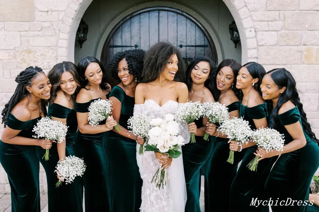 Roycebridal Günstige Lange Brautjungfernkleider Smaragdgrün Meerjungfrau Schulterfrei Hochzeitsgastkleid
