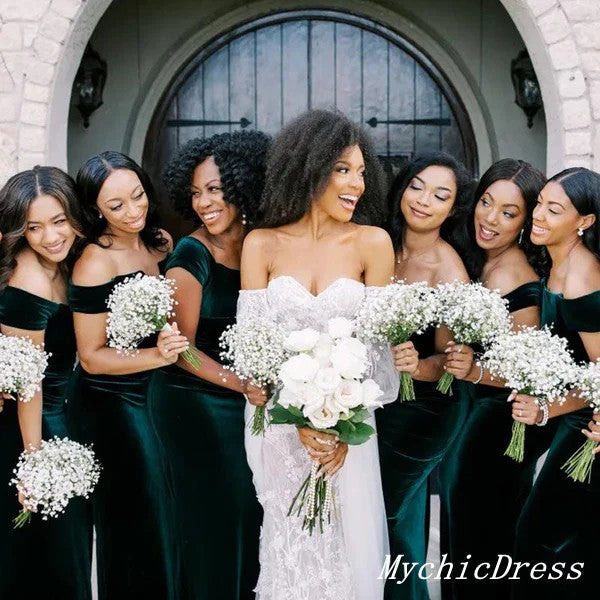 Roycebridal Günstige Lange Brautjungfernkleider Smaragdgrün Meerjungfrau Schulterfrei Hochzeitsgastkleid