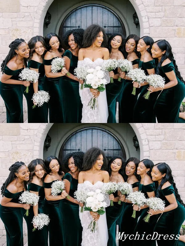 Roycebridal Günstige Lange Brautjungfernkleider Smaragdgrün Meerjungfrau Schulterfrei Hochzeitsgastkleid